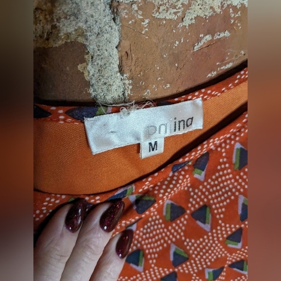 PNIINA Medium Orange Abstract‎ Asymmetrical Off the Shoulder Lined Dress - Picture 6 of 11